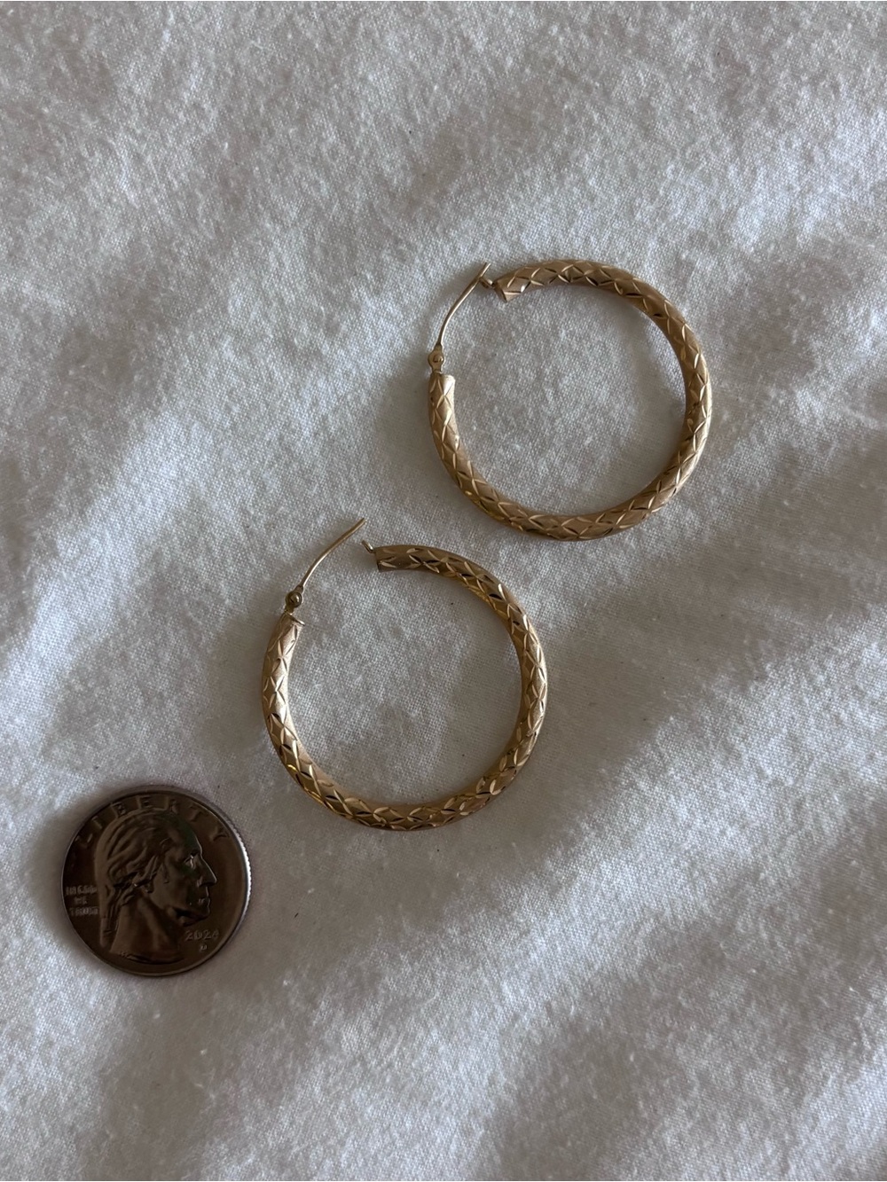 14k Gold Textured etched Hoop Earrings - Classic Women Jewelry 1.5”